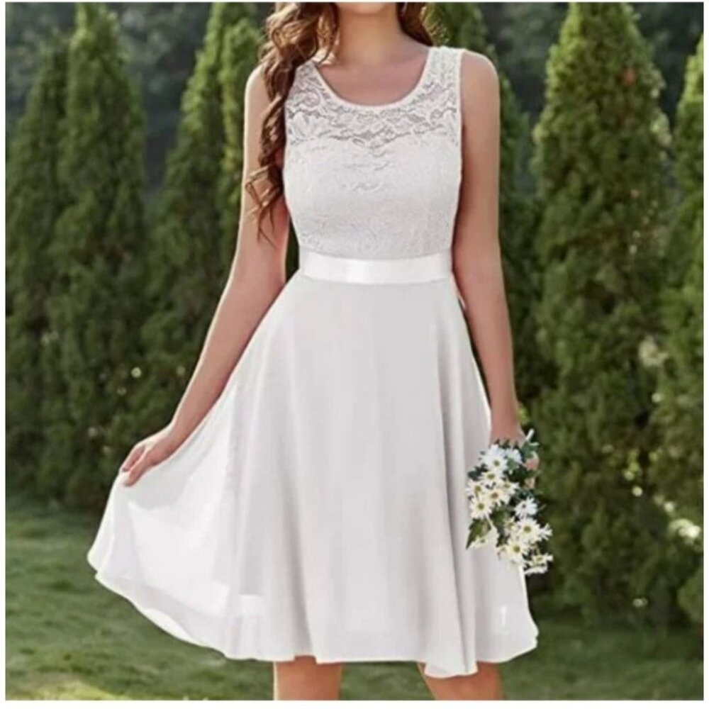 Womens Sleeveless White Floral Lace Dress Size XS Wedding Party Elegant Sexy